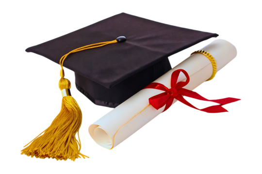 Graduation cap and diploma. Success, education representing academic achievement, set against a transparent background