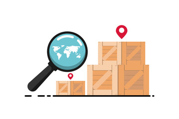 Inspecting international shipment locations using a magnifying glass with global map and cargo boxes, Vector illustration.