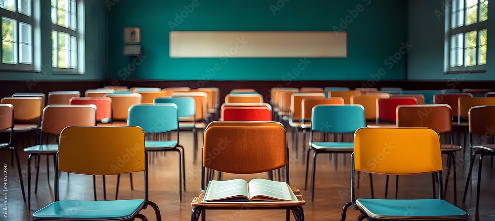 Poster empty classroom with empty chairs and a book. 