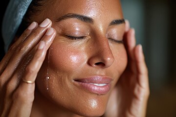A woman enjoying a skincare cleansing regimen, feeling rejuvenated and refreshed as she practices self-care, highlighting the importance of healthy skin and well-being.