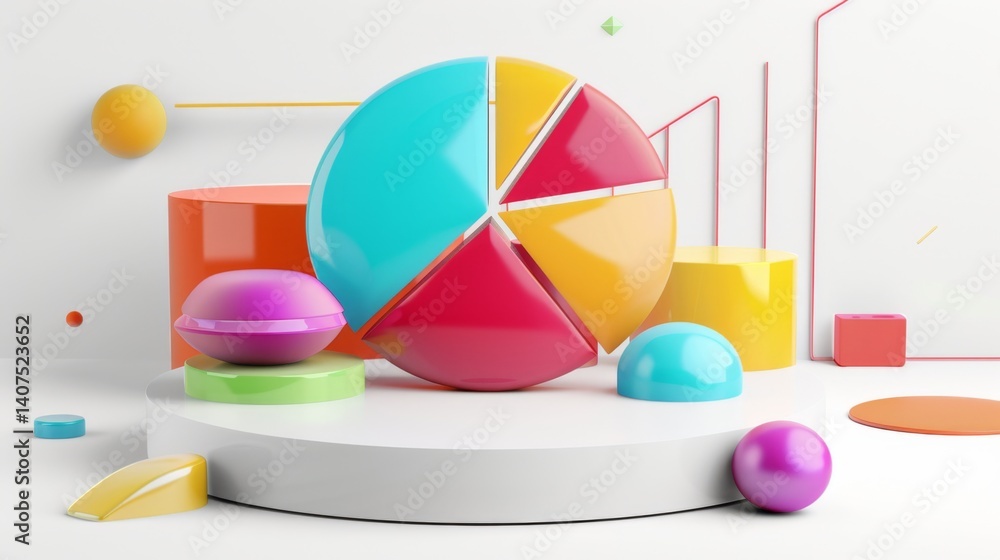 Poster d pie chart with glossy multicolored parts on a white background