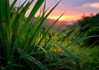 Dew on Rice Leaves During Warm Sunrise with Beautiful Colors