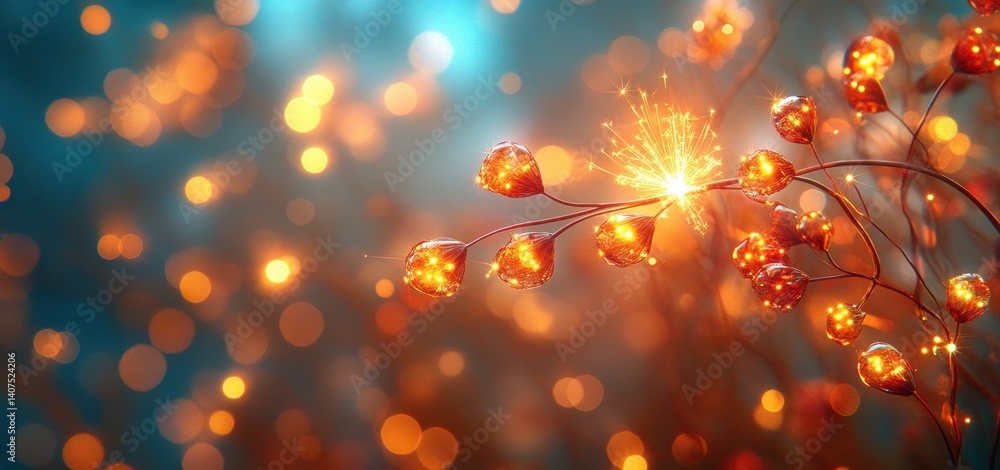 Poster sparkling sparkler in bokeh background with glowing lights and shallow depth of field