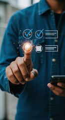  Digital Checklist: Man Taps To-Do List on Phone - Productivity, App, Success, Tasks, Business, Mobile