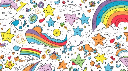 Naklejka premium Colorful Starry Sky Doodle with Rainbows Clouds and Whimsical Elements