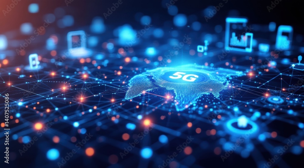 Poster a futuristic digital network visualizing 5g technology with glowing nodes and interconnected lines.
