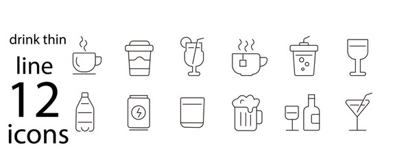 Drink thin line icons collection. Editable stroke.
