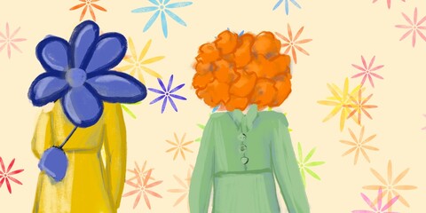 Conceptual illustration of two women with flowers instead of heads. 