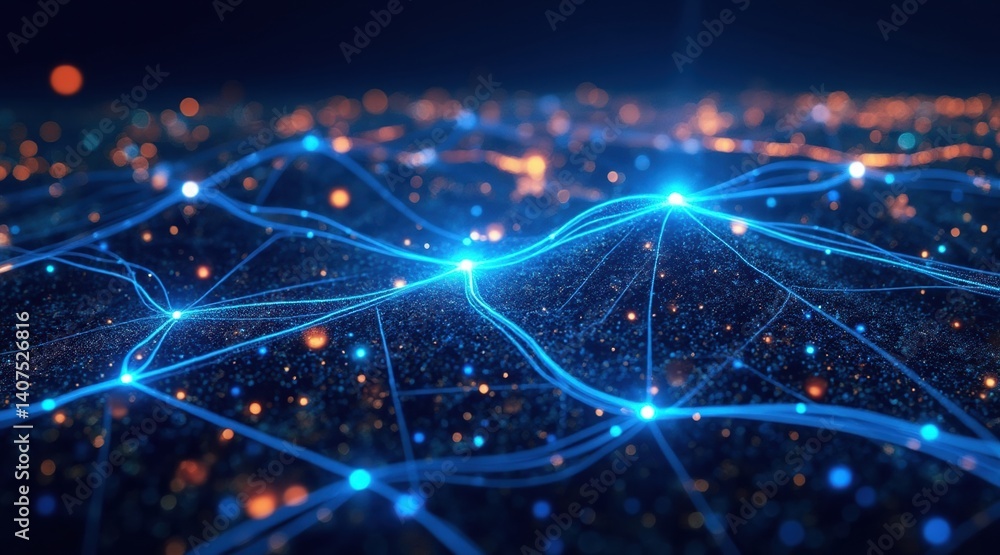 Poster a vibrant, abstract representation of interconnected lines and glowing points, resembling a digital 