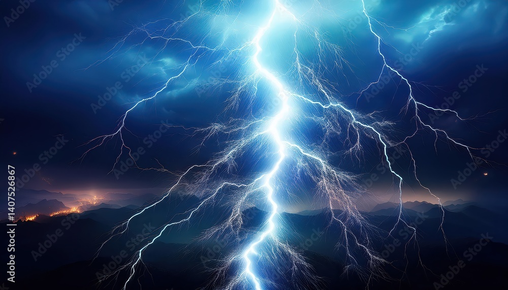 Poster electrifying static discharge against inky night sky thunderbolts illuminate a mysterious blue void 
