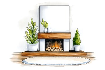 Cozy Living Room with Fireplace and Indoor Plants Illustration