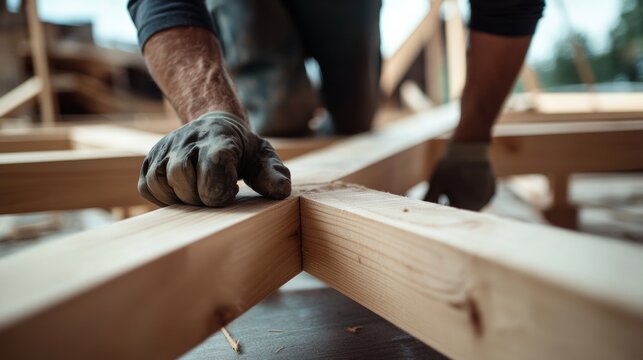 Construction worker assembling a wooden framework. Featuring craftsmanship and teamwork