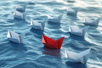 Leadership Concept Red Leader Boat Guiding White Boats in Ocean Waves