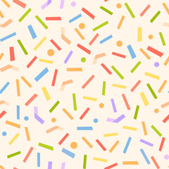 A bright abstract seamless pattern with colourful confetti stripes on a light background. Suitable for wallpaper, festive wrapping, backgrounds, packaging, festive accessories