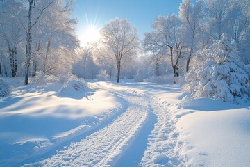 Obraz premium Winter Hiking Path in Sauerland Germany Snowy Landscape with Sunshine and Trees