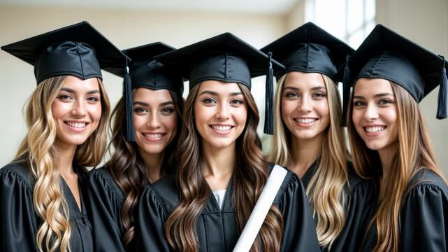 Group of happy graduates in black caps and gowns holding diplomas outdoors on campus. Young people celebrating academic achievement with bright smiles on graduation day.