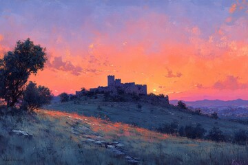 Obraz premium Desenberg Ruins at Dusk Serene Landscape with Pastel Sky