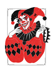 Illustration of a jester or clown holding a crown in his hand in a graphic style in red and black colors