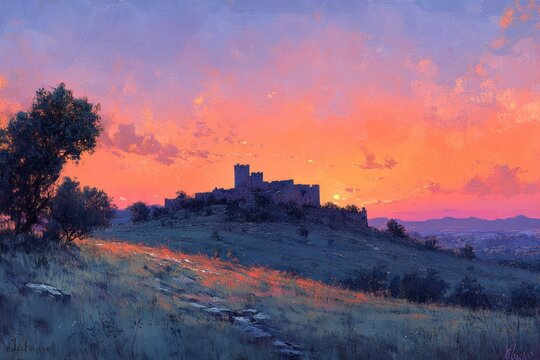 Desenberg Ruins at Dusk Serene Landscape with Pastel Sky