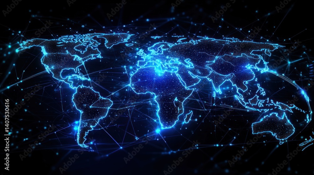 Poster futuristic digital global network map with neon lights and geometric patterns