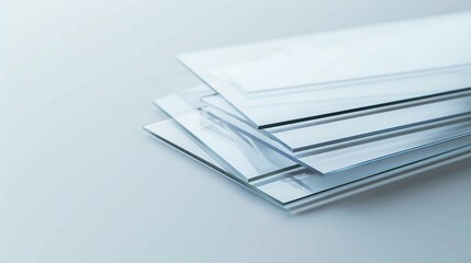Naklejka premium Stack of transparent glass sheets with subtle etched layers symbolizing hierarchical subcategories, minimalist concept for organization and structure visualization.