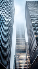 Fototapeta premium City skyscrapers shrouded in fog, low angle view, urban background, ideal for business or travel imagery