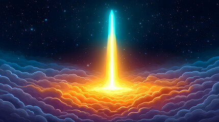 A vibrant rocket launch through colorful clouds against a starry backdrop