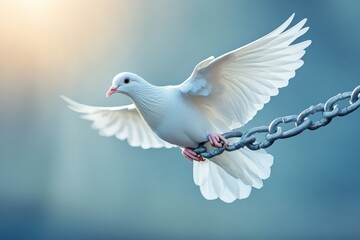 Obraz premium beautiful peace white dove flying to get released out of a chain, freedome and victory concept with copyspace area for text