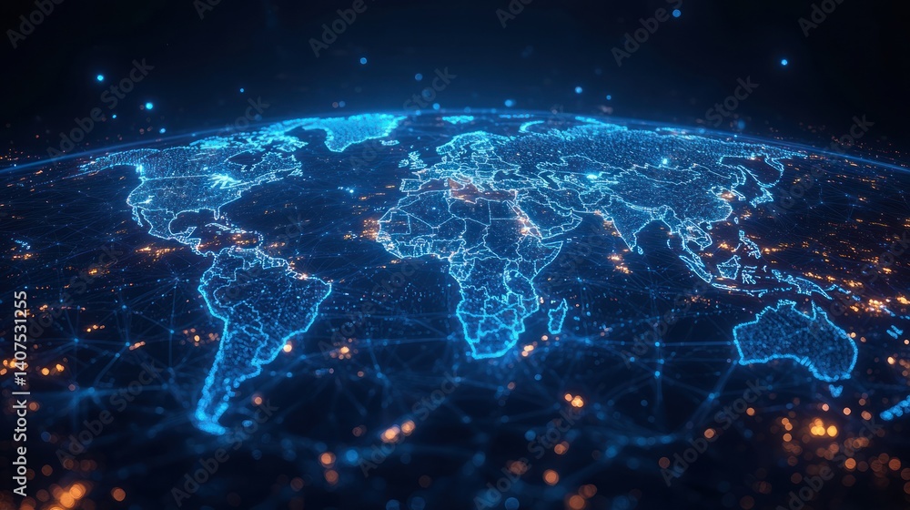 Poster futuristic digital world map with neon lights and geometric patterns for global connectivity