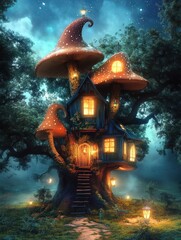 Whimsical Treehouse Adventure in Enchanted Forest with Colorful Mushroom Roofs and Starry Night Sky