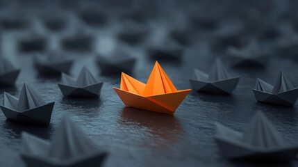 Orange Paper Boat Leading Gray Boats Teamwork Leadership Concept