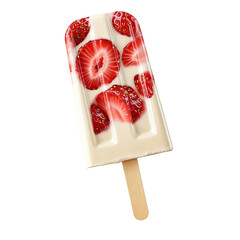 Strawberry Swirl Popsicle with Fresh Fruit Pieces Isolated on Transparent Background,Creamy Strawberry Popsicle with Fresh Fruit,frozen strawberry and cream popsicle,Strawberry Swirl Popsicles