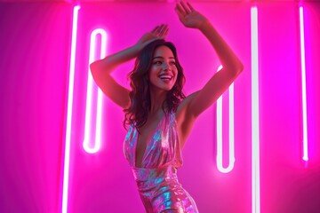 Energetic dancing woman at neon party night photo.Fictional Character Created By Generative AI