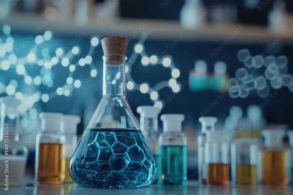 Poster a science laboratory with colorful liquids in glassware on a table during a research project