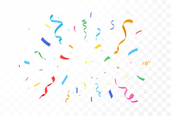 Festive colorful confetti and ribbons falling on transparent background, celebration and event decor. Celebration carnival ribbons, confetti, Holiday, birthday.