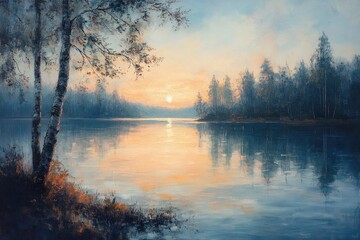 Obraz premium Peaceful Lakeside at Dusk in Edersee-Kellerwald National Park Hessen Germany