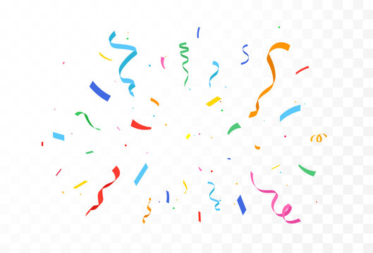 Festive colorful confetti and ribbons falling on transparent background, celebration and event decor. Celebration carnival ribbons, confetti, Holiday, birthday.