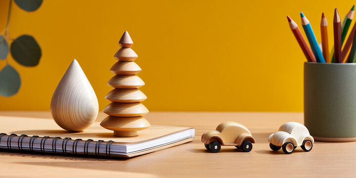 Wooden toys, notebook, and pencils on a desk against a yellow background, showcasing a minimalist, childlike scene symbolizing creativity and playfulness