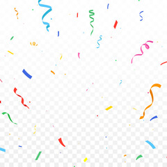 Colorful Confetti and Ribbons Floating on Transparent Background for Celebration and Holiday Events. Celebration carnival ribbons, confetti, Holiday, birthday.