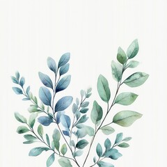 Watercolor botanical illustration of eucalyptus and fern leaves rustic wedding card decorative art background