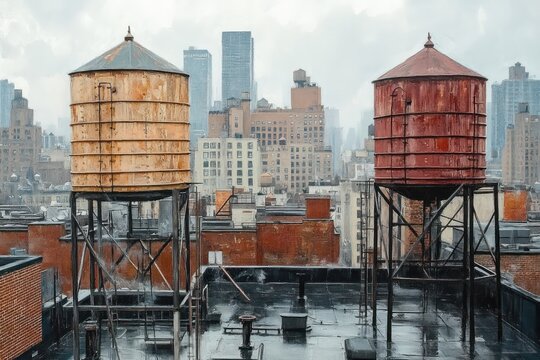 Rooftop Water Towers Vintage Scene in New York City Manhattan