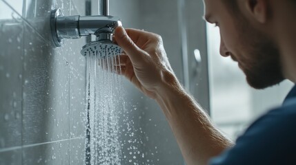 Plumber installing a shower head in a bathroom. Featuring precision and attention to detail
