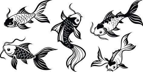 Black and white vector set of koi fish silhouette a white background.