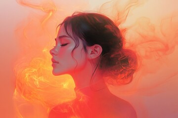Naklejka premium Illustration of Woman with Stomach Pain and Heartburn Symptoms Surrounded by Dreamy Aura