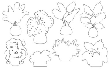 Home plants in flowerpot. Collection of indoor plants. Decorative natural elemen Houseplants isolated. Hand drawn. Set collection. Green, blue, pink, brown, beige pastel colors. Print, poster, banner.