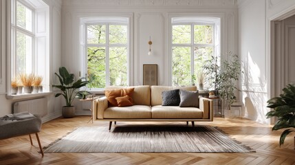 Beige couch in sunlit living room