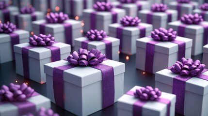 Elegant White Gift Boxes with Purple Ribbons for Celebrations and Holidays