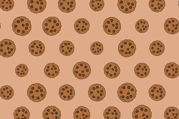 Vector illustration cute seamless pattern, background with chocolate chip cookie. Freshly baked choco cookie icon. Food pattern