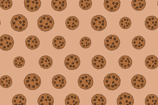 Vector illustration cute seamless pattern, background with chocolate chip cookie. Freshly baked choco cookie icon. Food pattern
