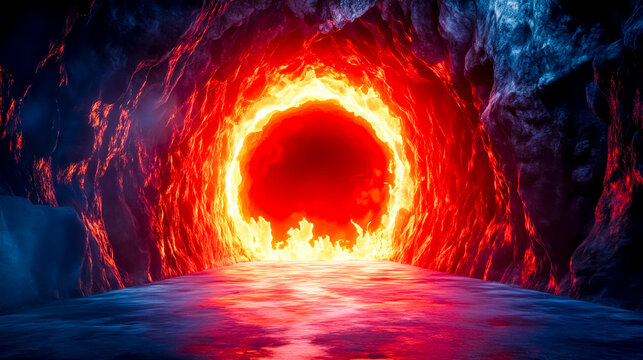 Glowing lava tunnel burning with molten rock and fire in a dark cave